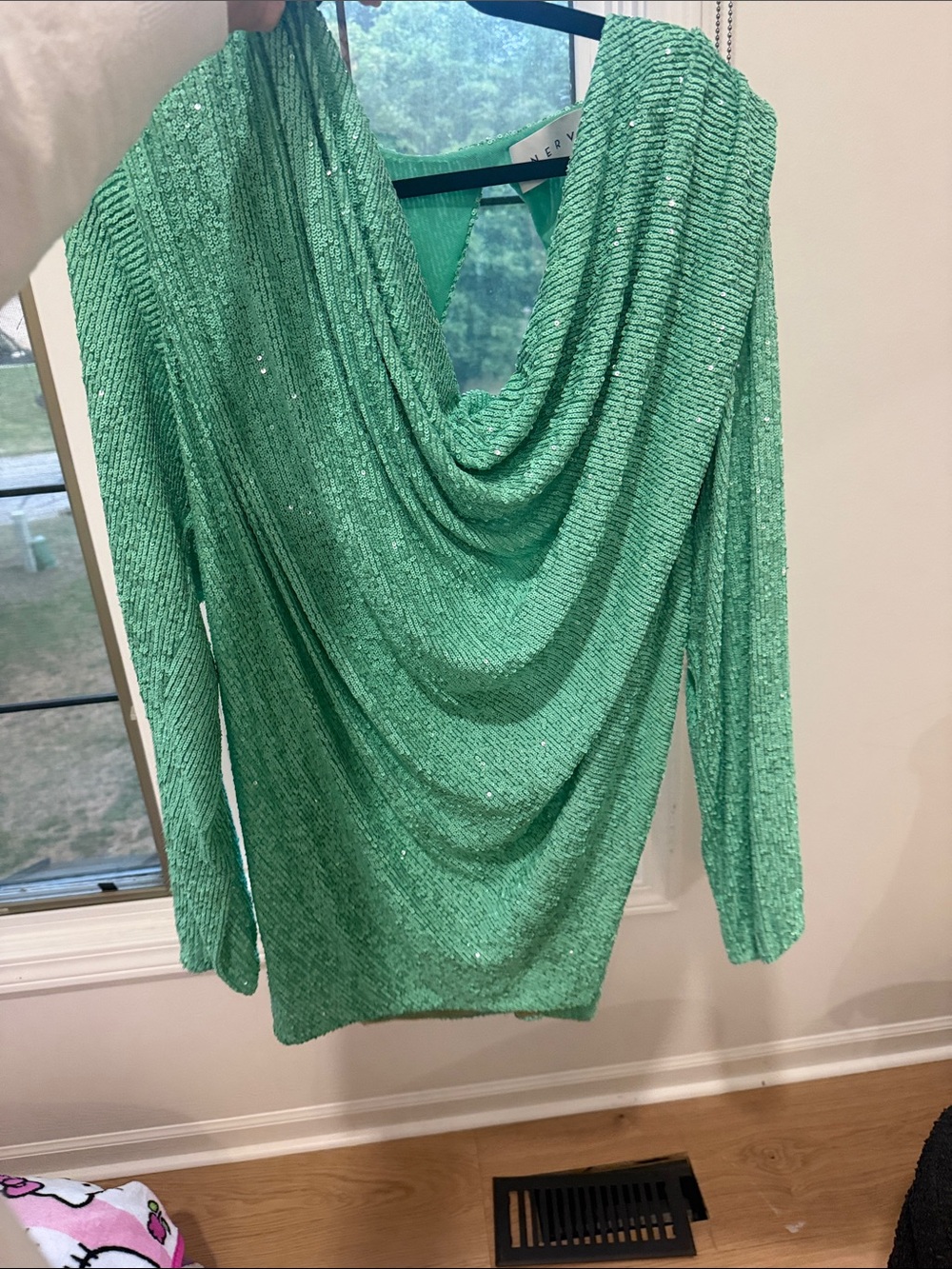 NERVI Sequin Draped Cowl Neck Sweater in Mint Green